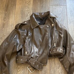Zara Dark Brown Faux Leather Cropped Biker Jacket